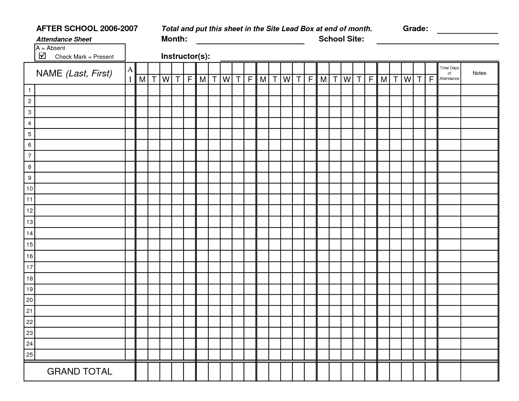 Monthly Class Attendance Sheet Template Qualads