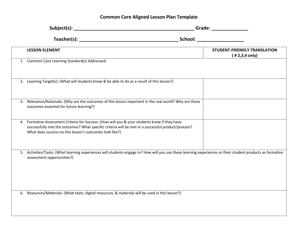 Common Core Aligned Lesson Plan Template Doc 