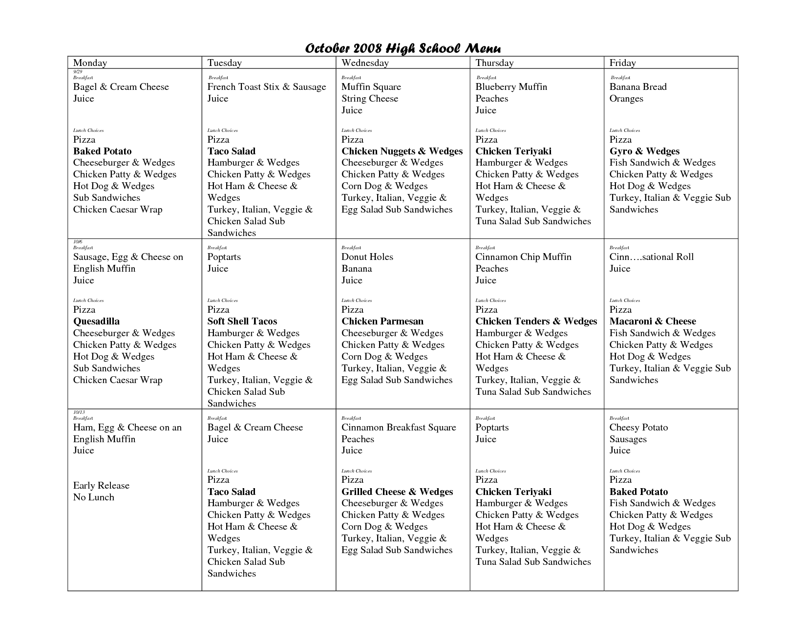 Cycle Menu Template Middle School Cycle Menu Food Menu 