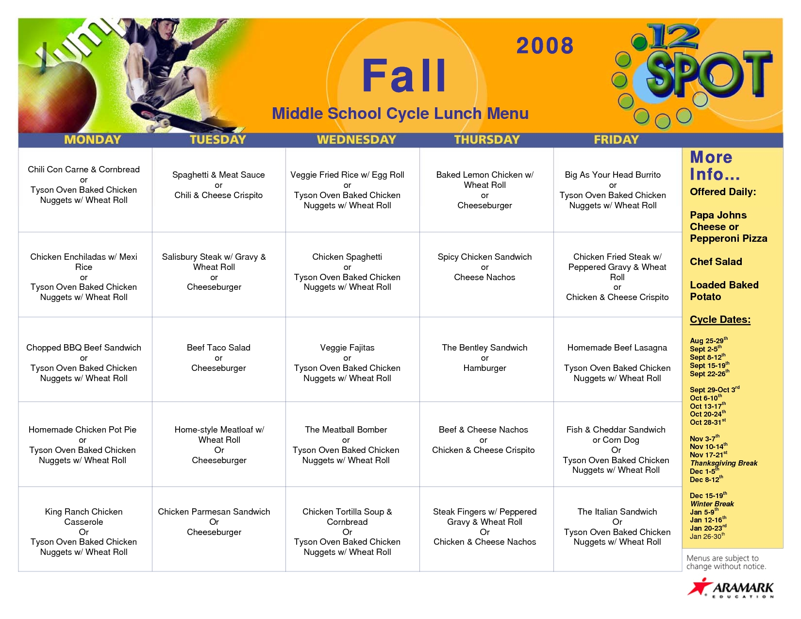 Cycle Menu Template More Info Middle School Cycle Lunch Menu