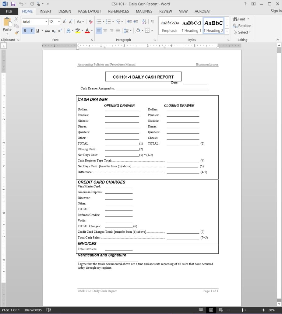 Daily Cash Report Template 