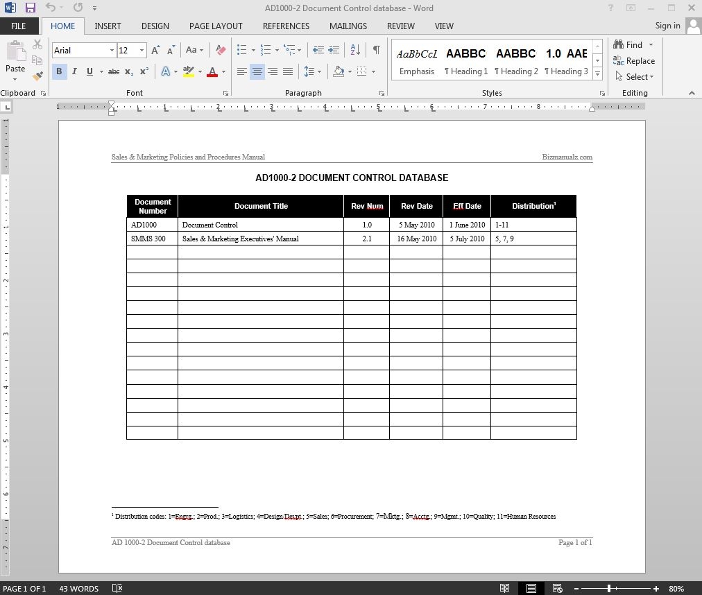 Document Control Database Log Template