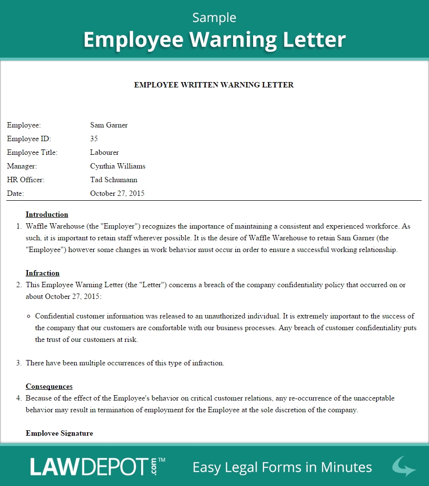 Employee Warning Letter Template Us Lawdepot 