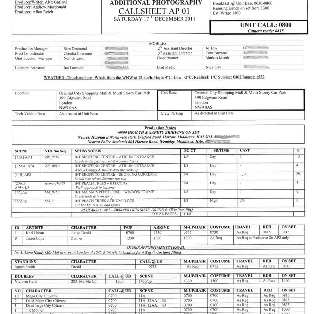 Example Of A Real Call Sheet The Template You Will Use Will Be