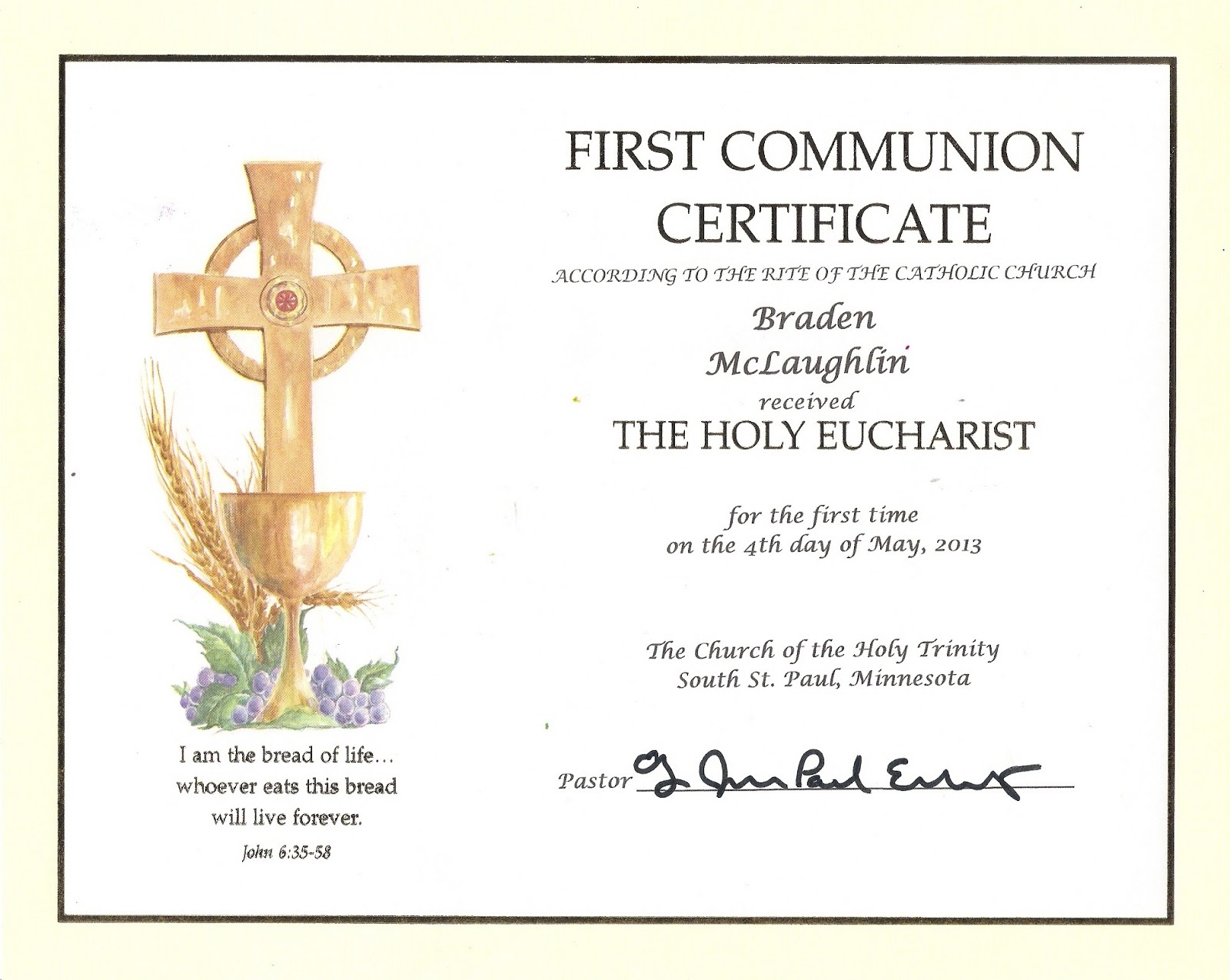 First Communion Certificate Template Wosing Template Design 