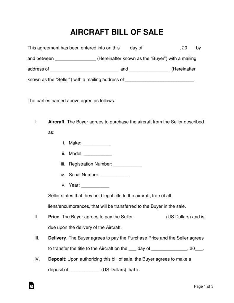 Free Aircraft Airplane Bill Of Sale Form Word Pdf Eforms 