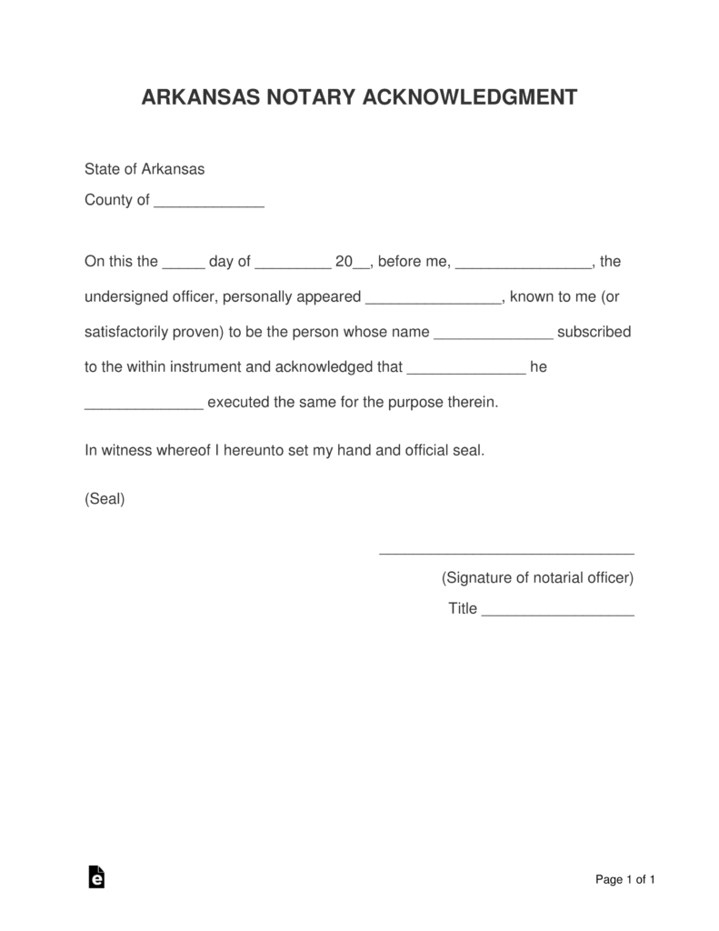 Free Arkansas Notary Acknowledgment Form Pdf Word Eforms