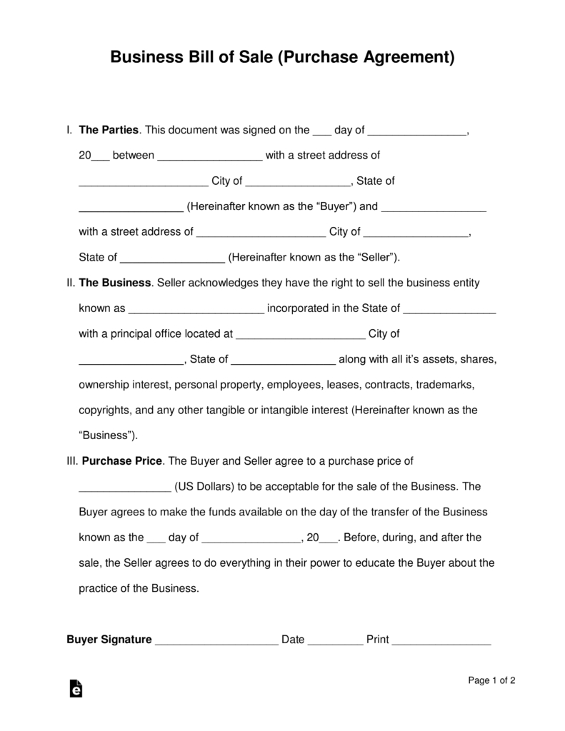 Free Business Bill Of Sale Form Purchase Agreement Word Pdf 