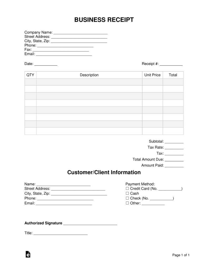 Free Business Receipt Template Word Pdf Eforms Free Fillable