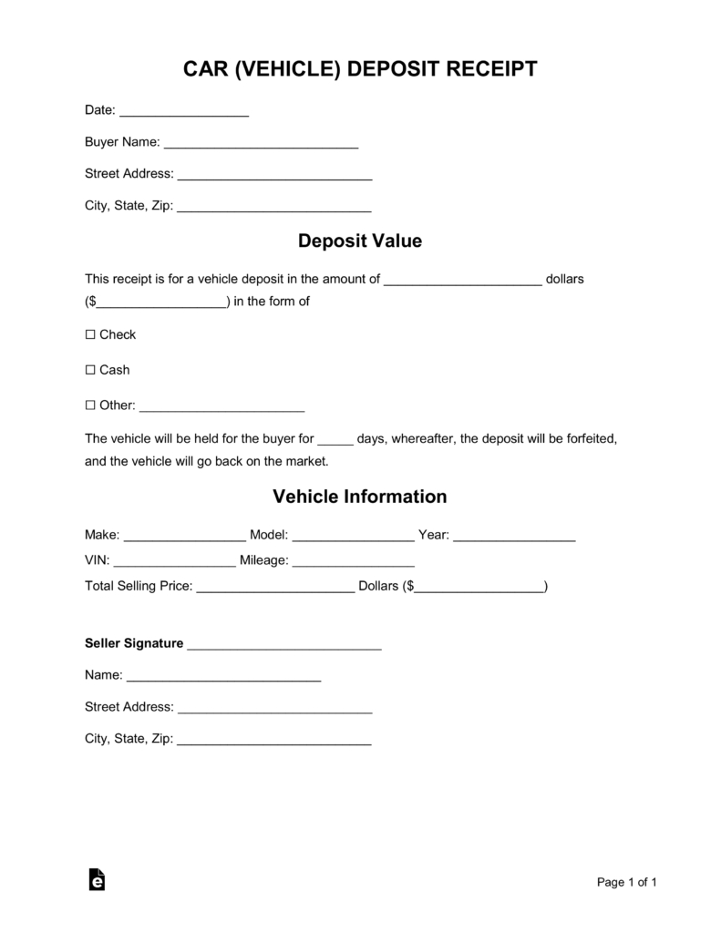 Free Car Vehicle Purchase Deposit Receipt Template Word Pdf 