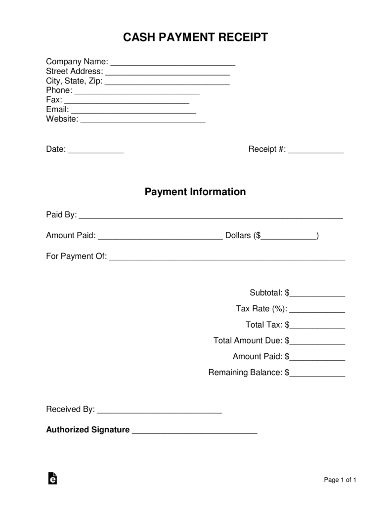 Free Cash Payment Receipt Template Pdf Word Eforms Free 