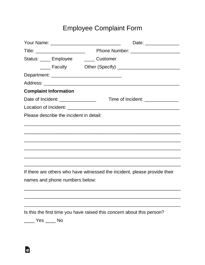 Free Employee Complaint Form Pdf Word Eforms Free Fillable Forms 