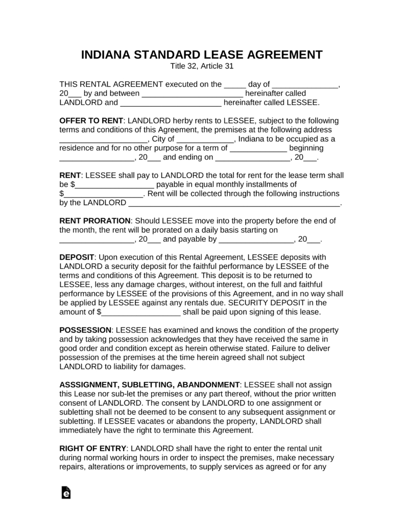 Free Indiana Standard Residential Lease Agreement Template Pdf 