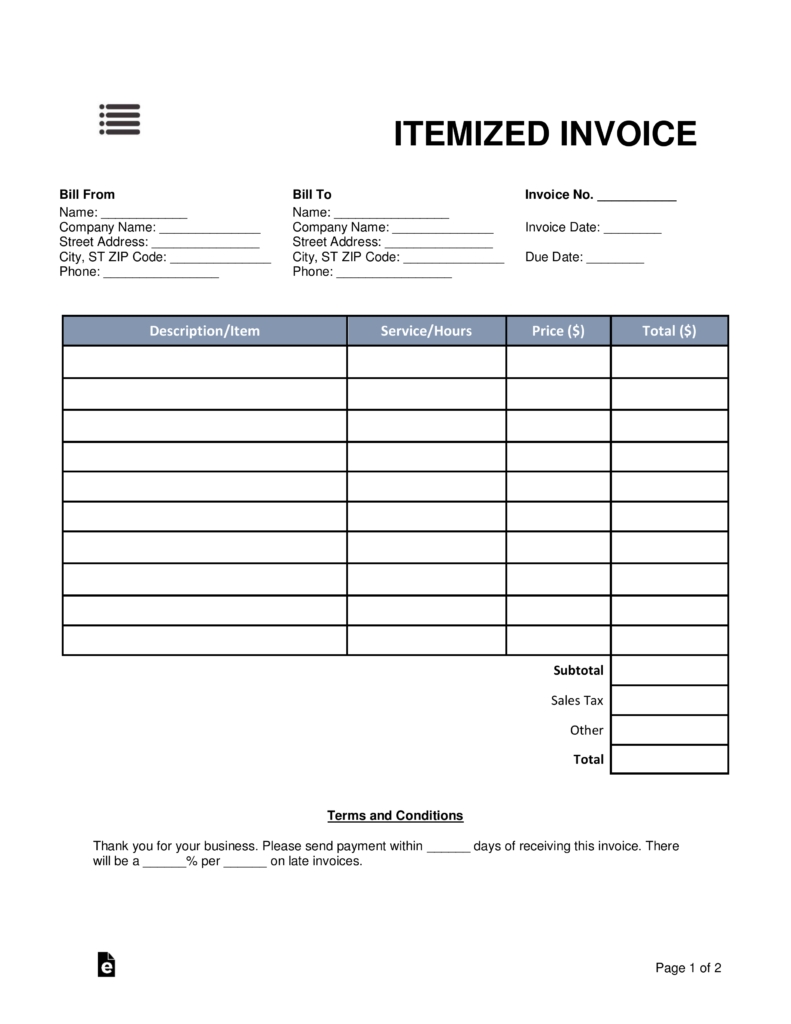 Free Itemized Invoice Template Word Pdf Eforms Free Fillable 