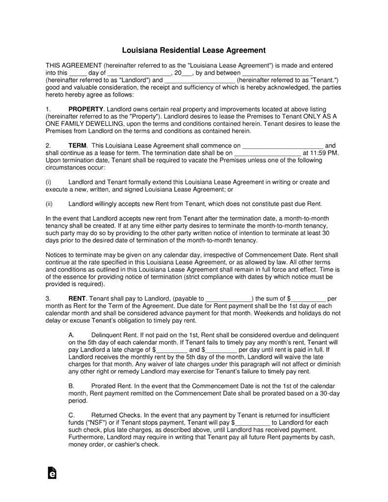 Free Louisiana Standard Residential Lease Agreement Template Pdf 