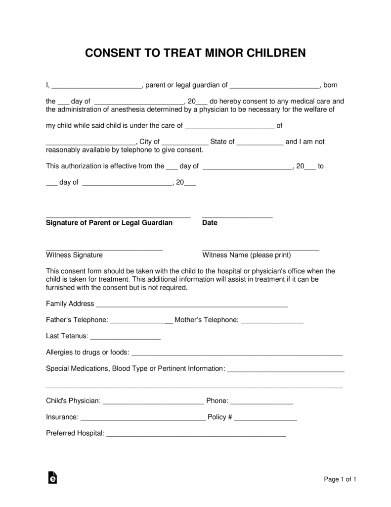 Free Minor Child Medical Consent Form Word Pdf Eforms Free 