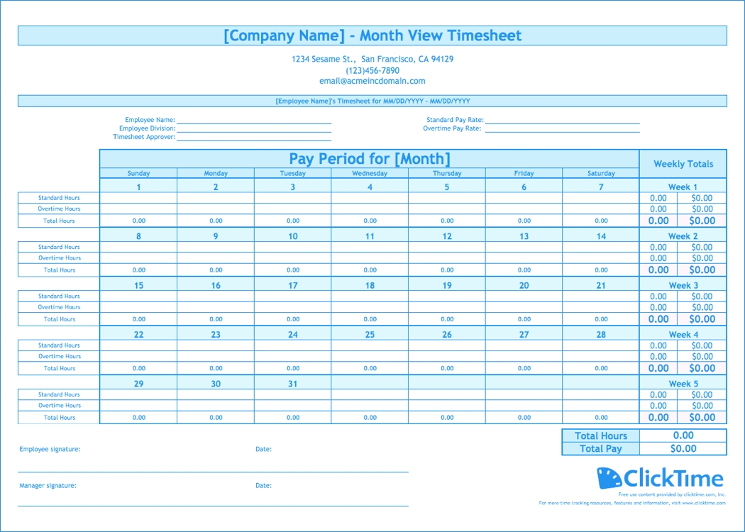 Free Monthly Timesheet Template Clicktime