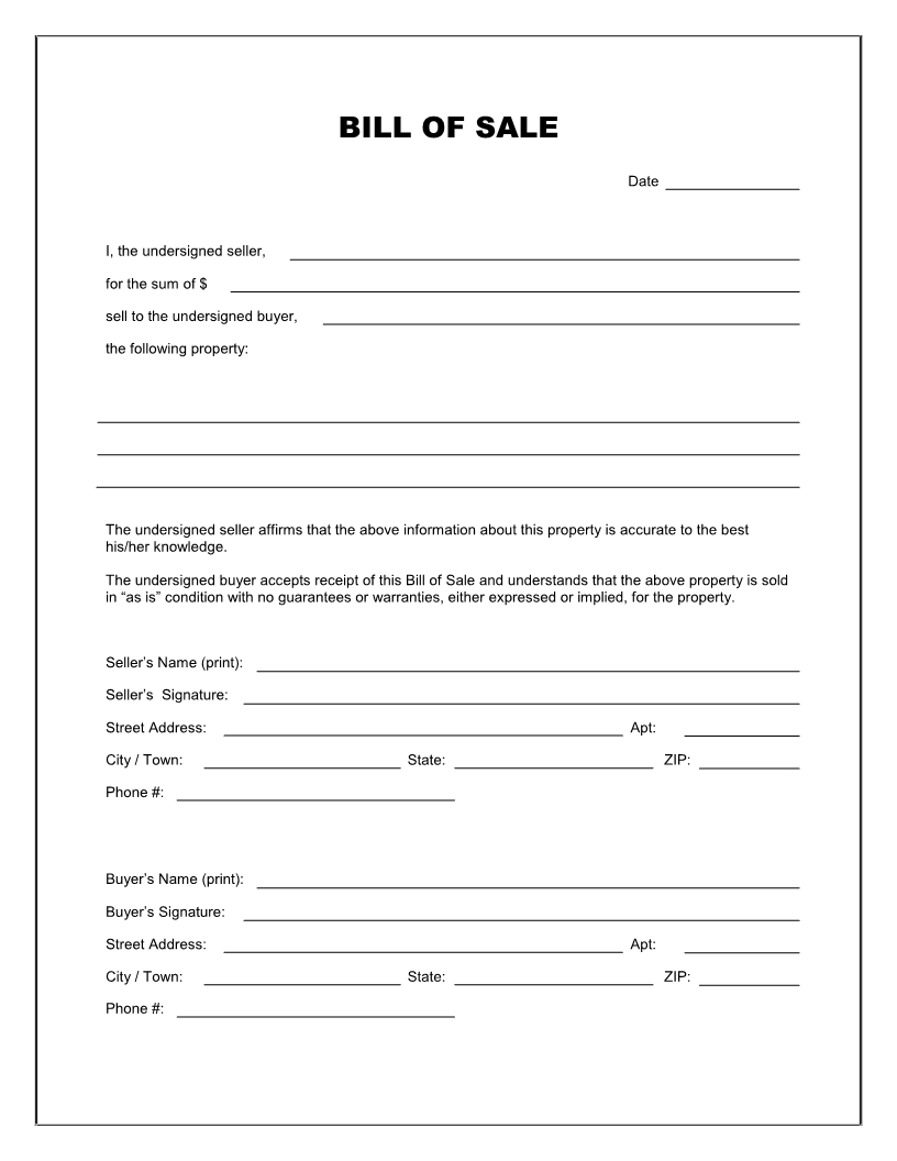 Free Printable Blank Bill Of Sale Form Template As Is Bill Of Sale 