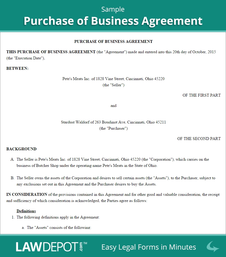 Free Purchase Of Business Agreement Create Download And Print 