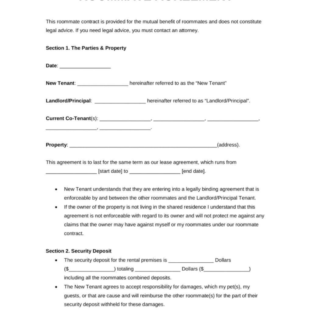 Free Roommate Room Rental Agreement Template Pdf Word Eforms