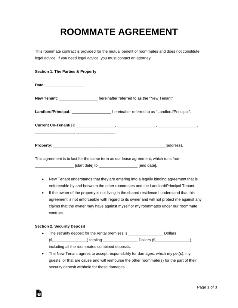 Free Roommate Room Rental Agreement Template Pdf Word Eforms 