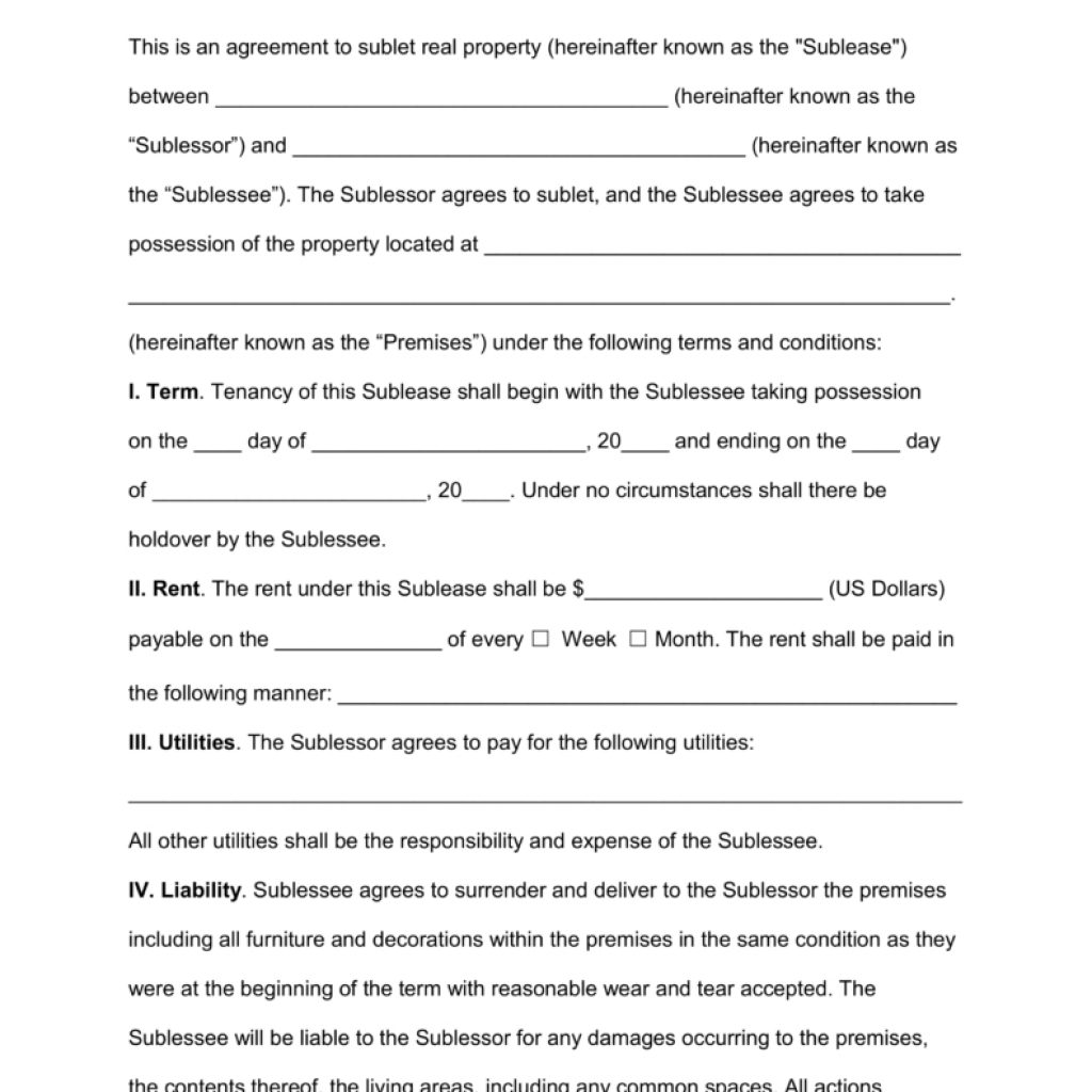 Free Sublease Agreement Template Pdf Word Eforms Free