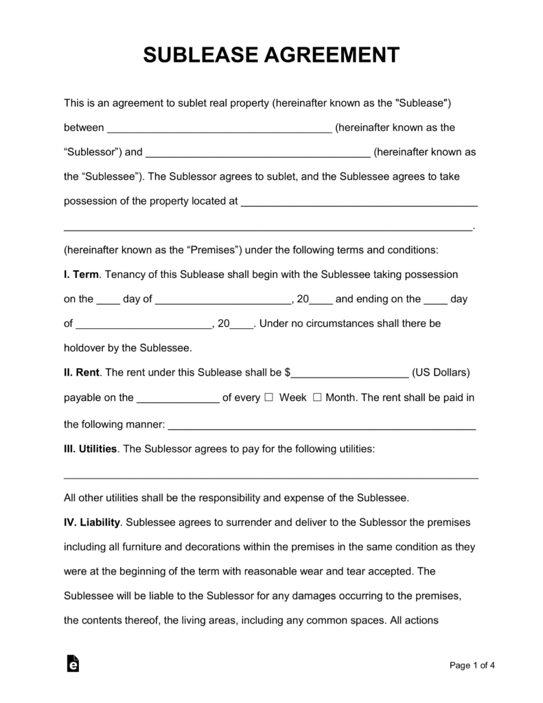 Free Sublease Agreement Template Pdf Word Eforms Free 