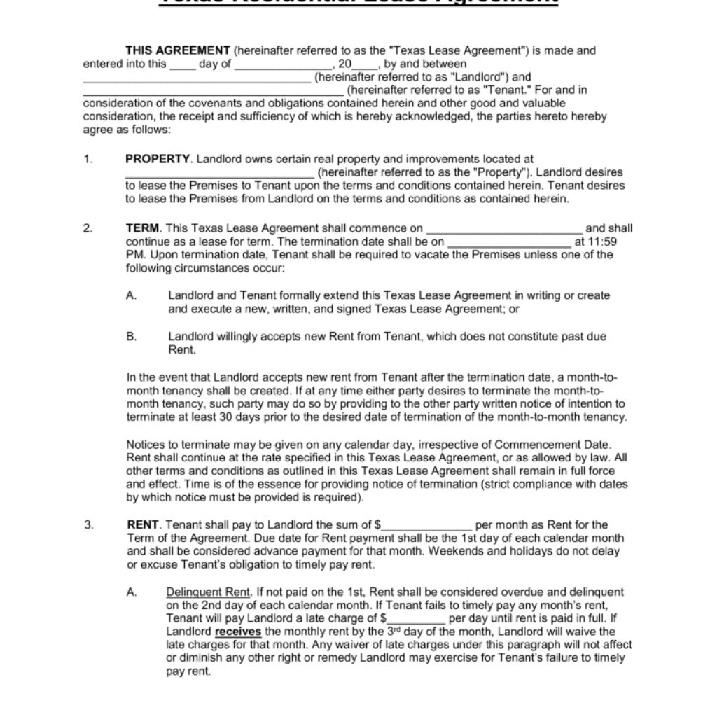 Free Texas Standard Residential Lease Agreement Template Pdf