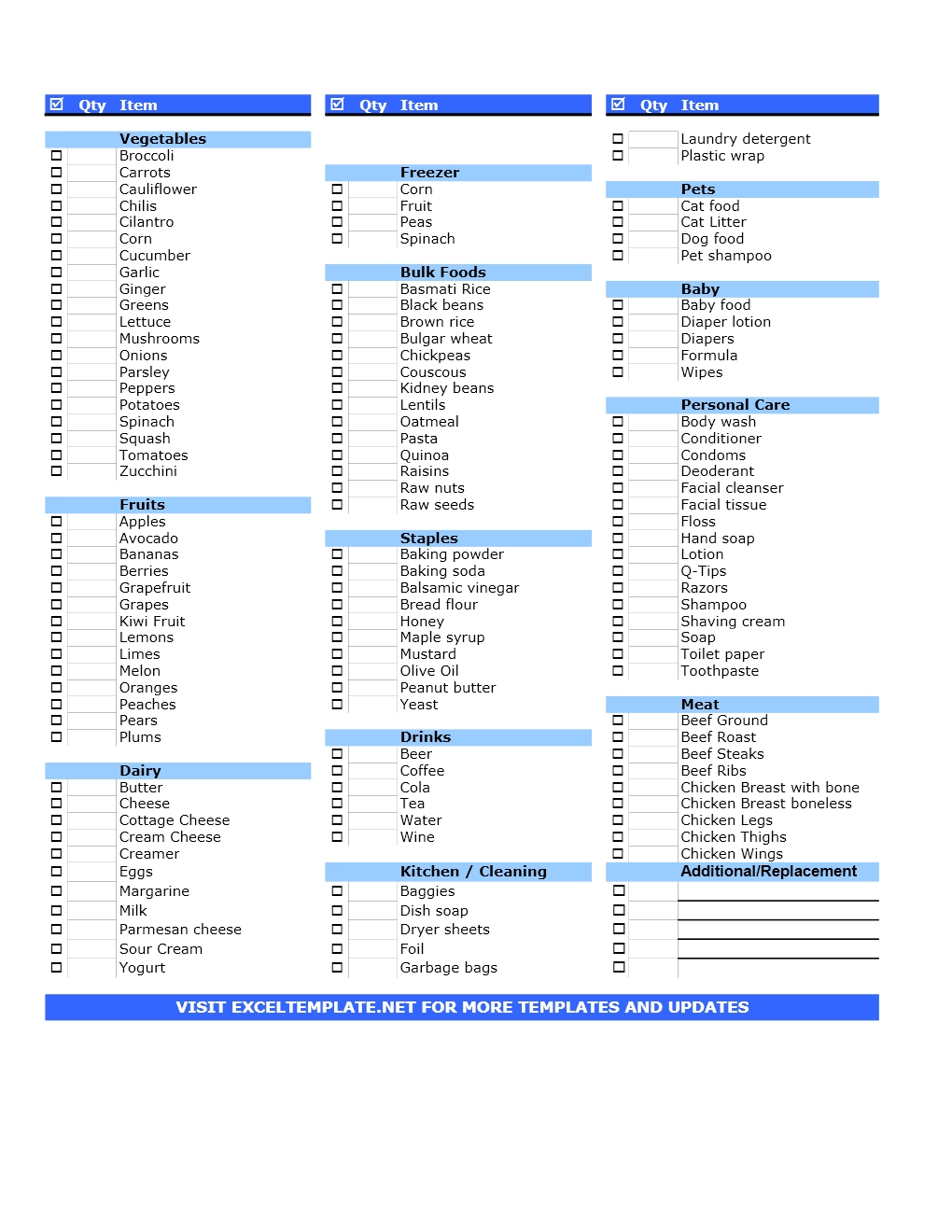 Grocery List Excel Templates