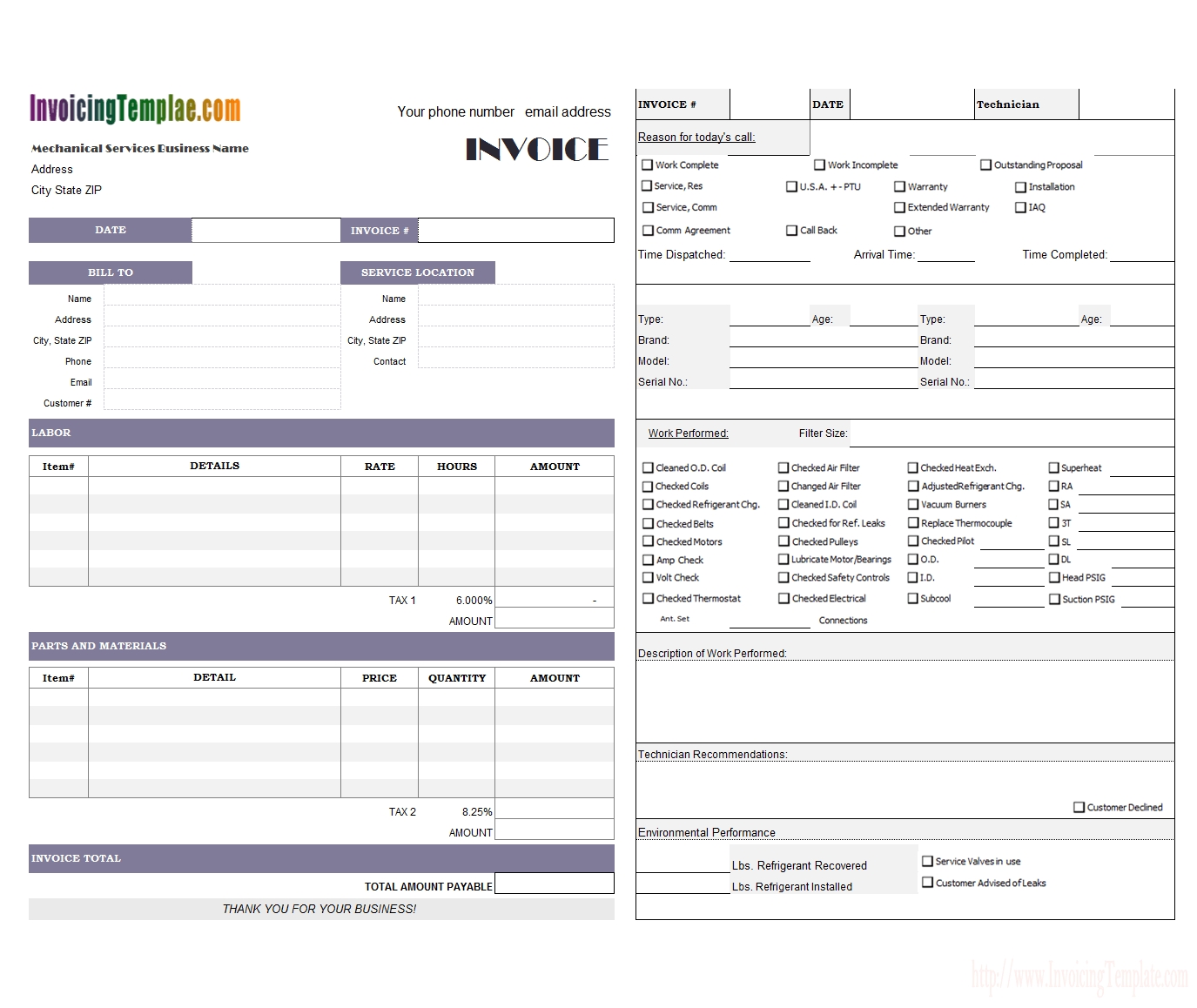 Hvac Service Invoice 