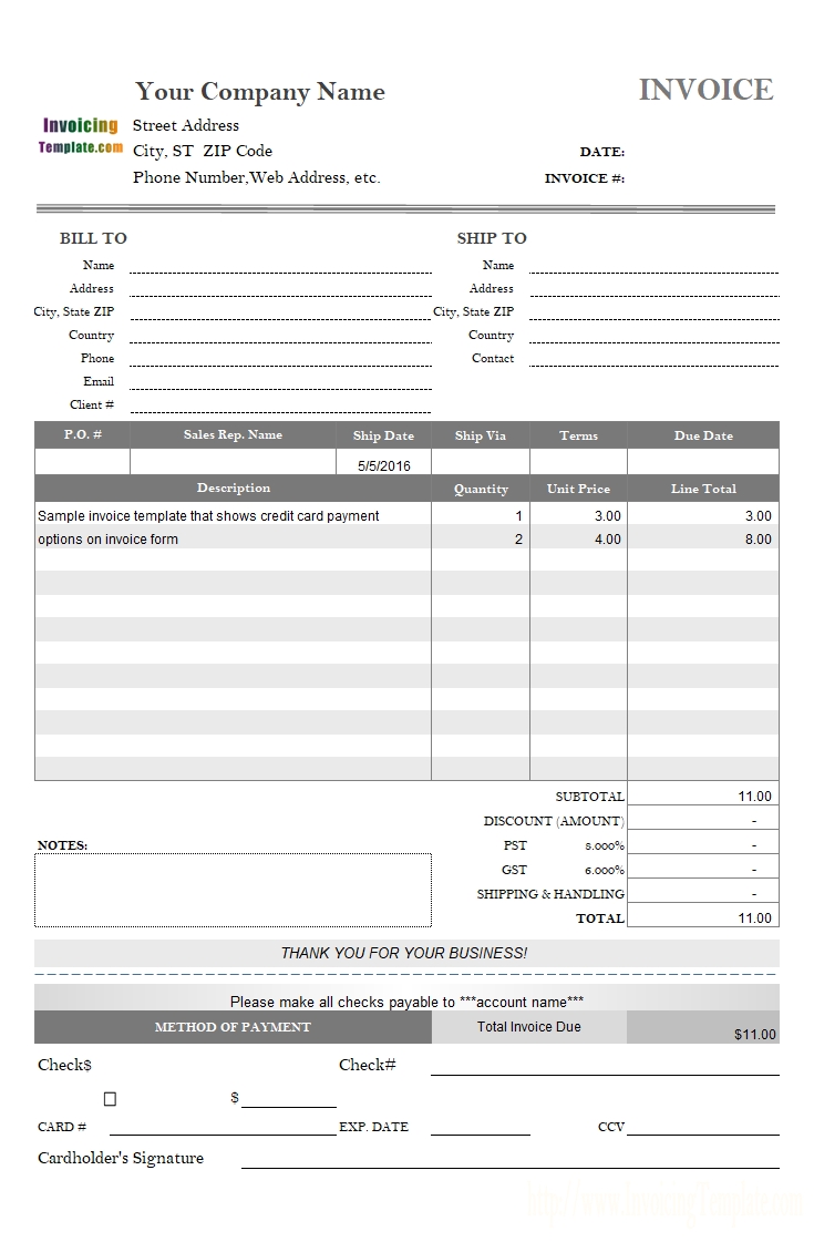 Invoice Template With Credit Card Payment Option