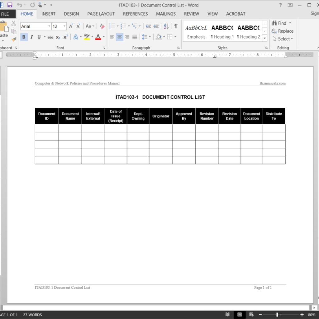 It Document Control List Template