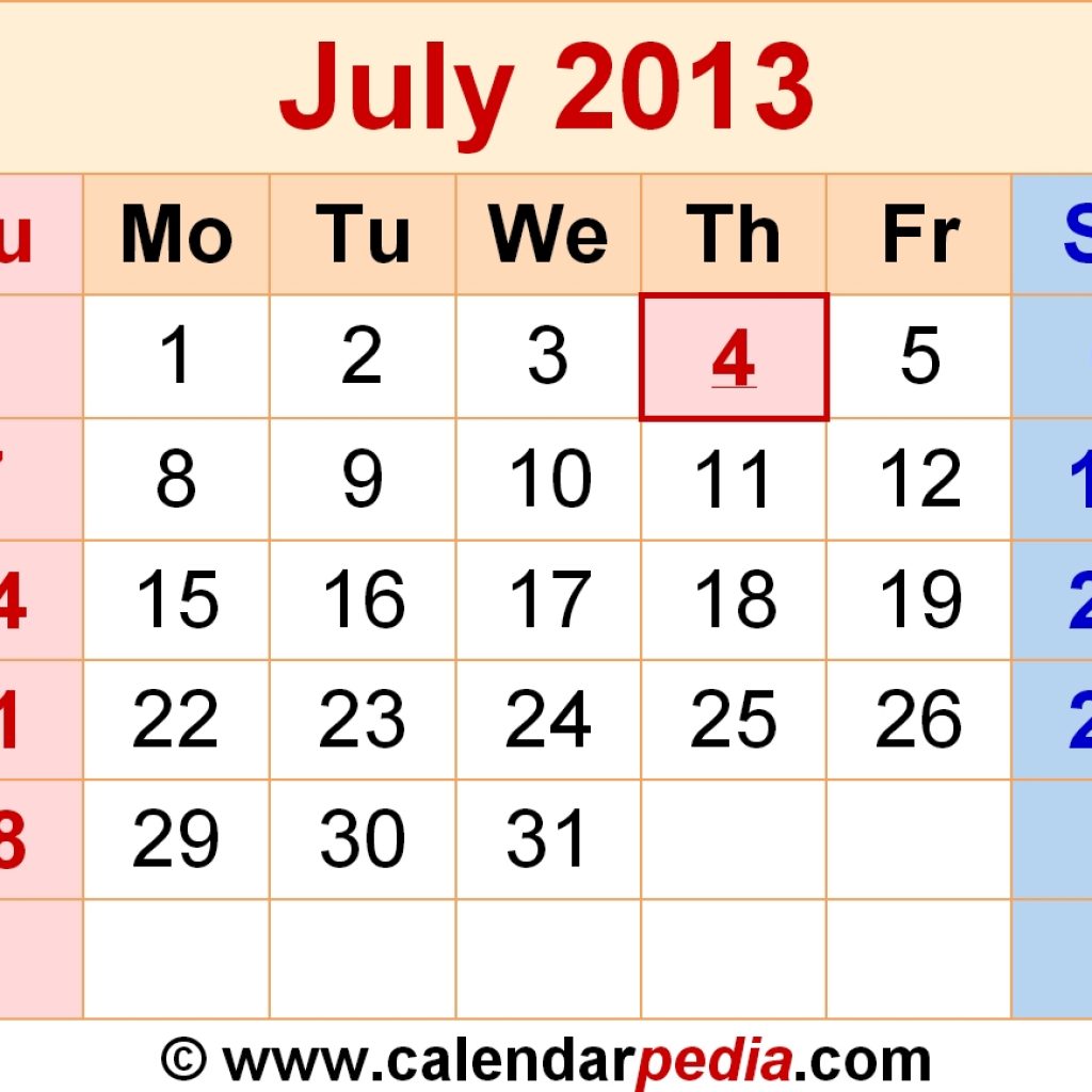 July 2013 Calendars For Word Excel Pdf