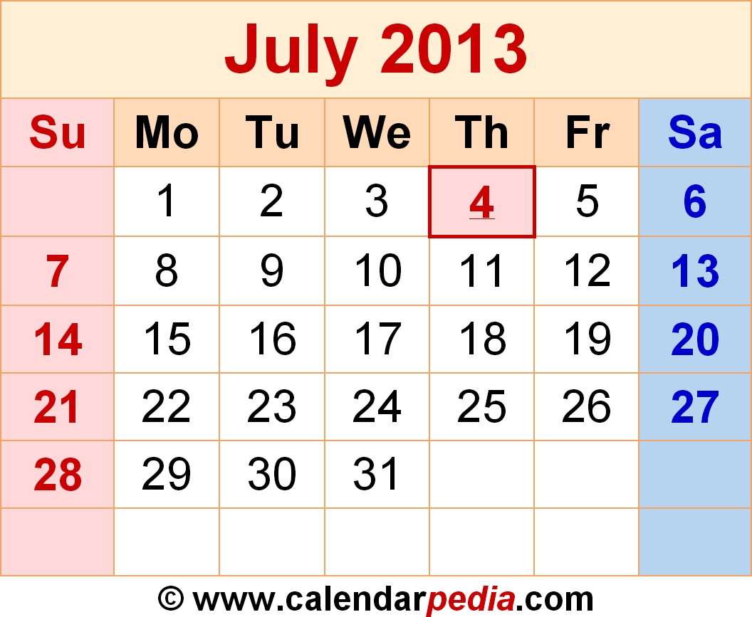 July 2013 Calendars For Word Excel Pdf 