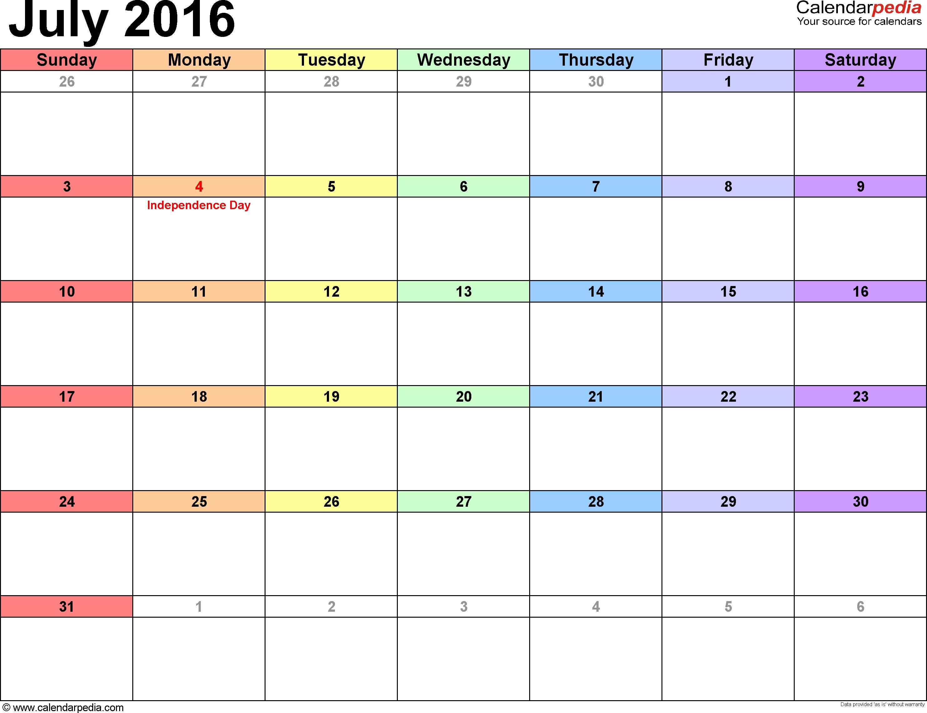 July 2016 Calendars For Word Excel Pdf 