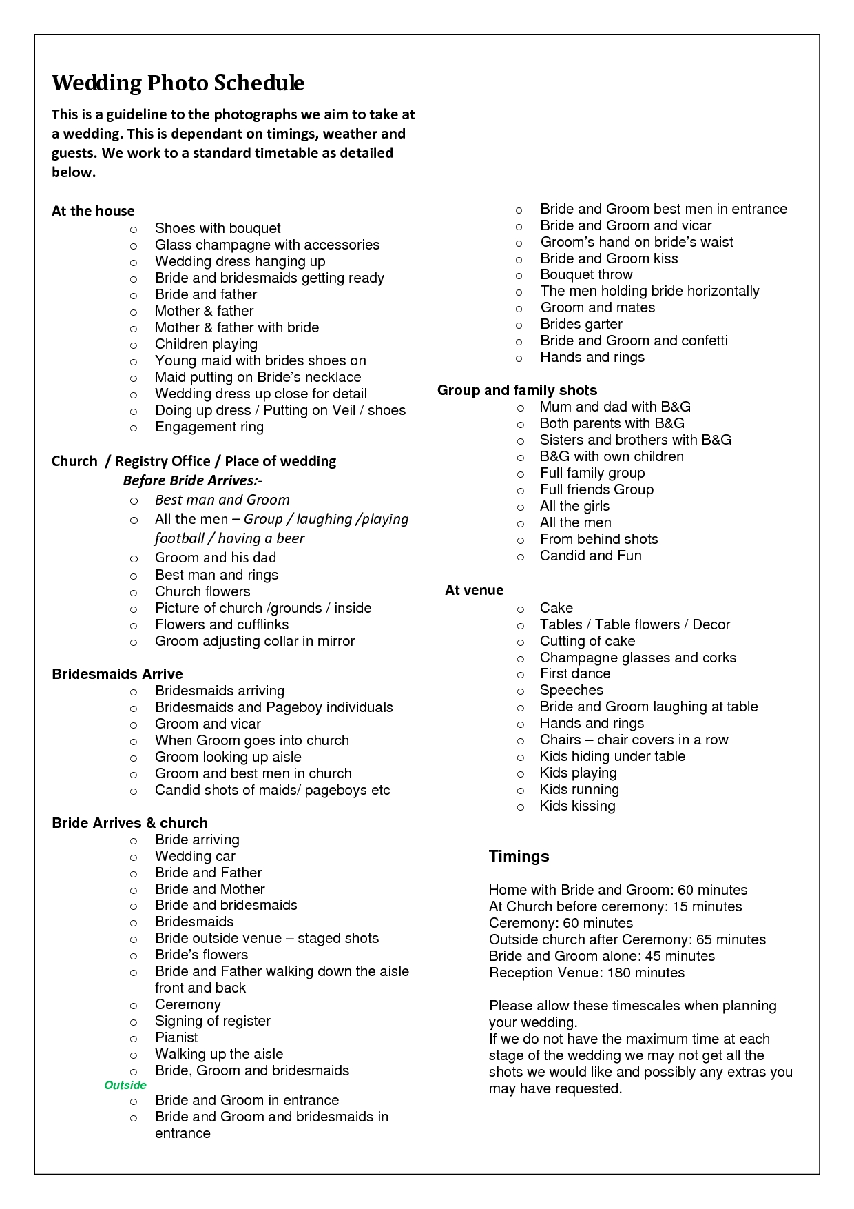 Outline For Formal Wedding Itinerary Wedding Photo Schedule 