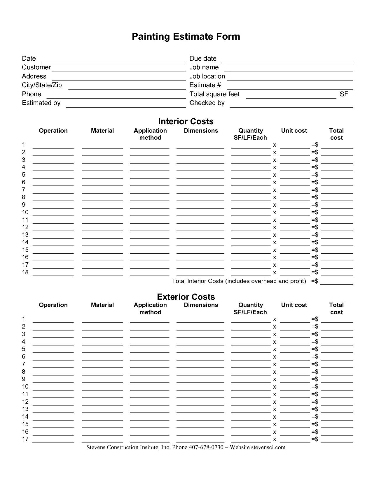 Painting Estimate Forms Painting Estimate Form International 