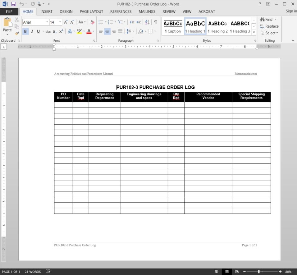 Purchase Order Log Template