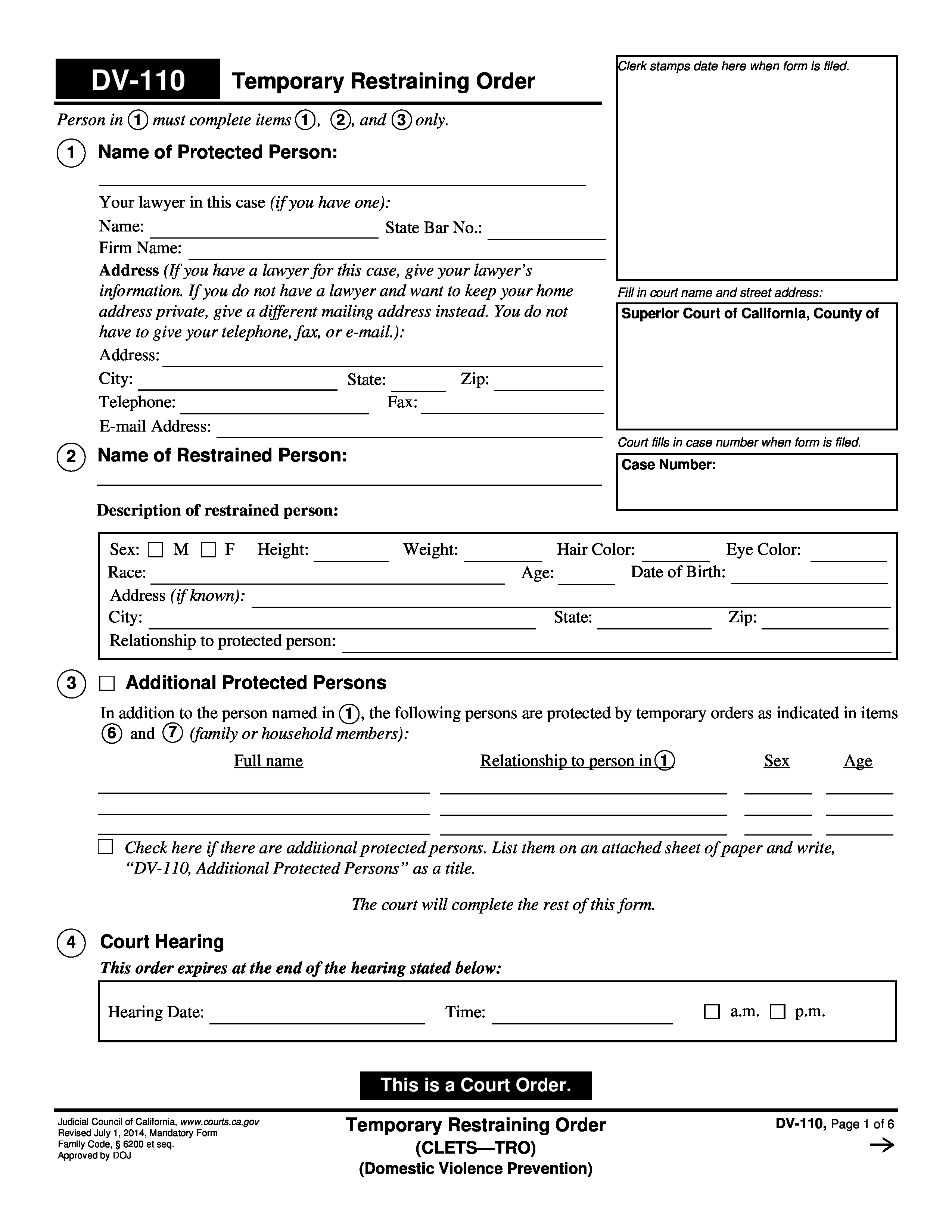 Restraining Order Template Form Domestic Violence California 