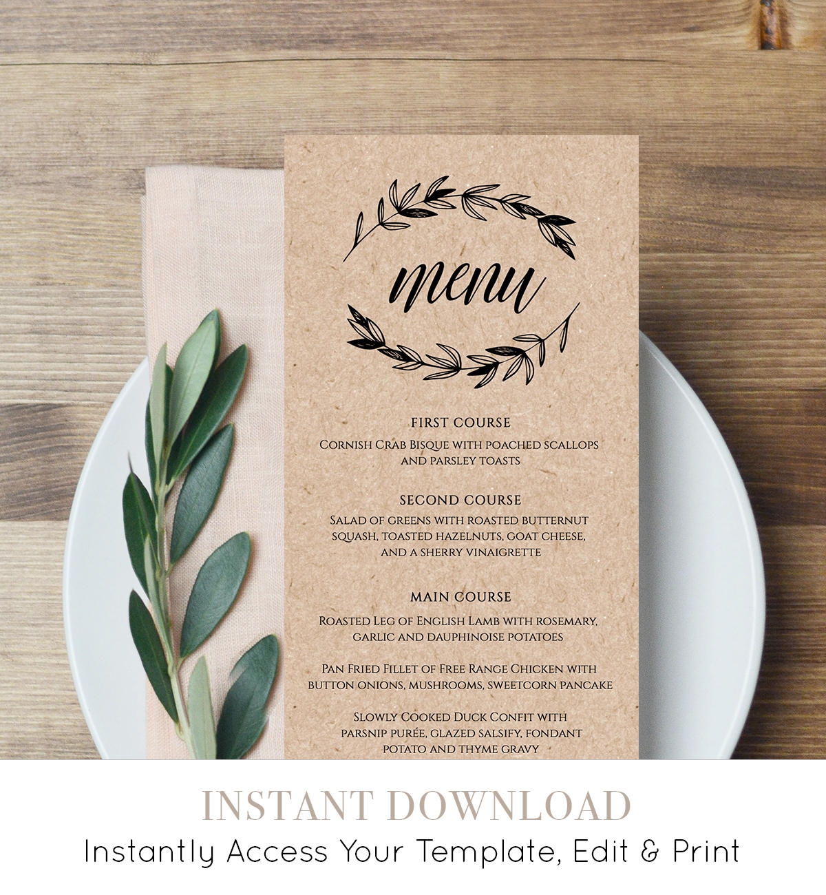 Rustic Wedding Menu Template Printable Menu Card Editable 