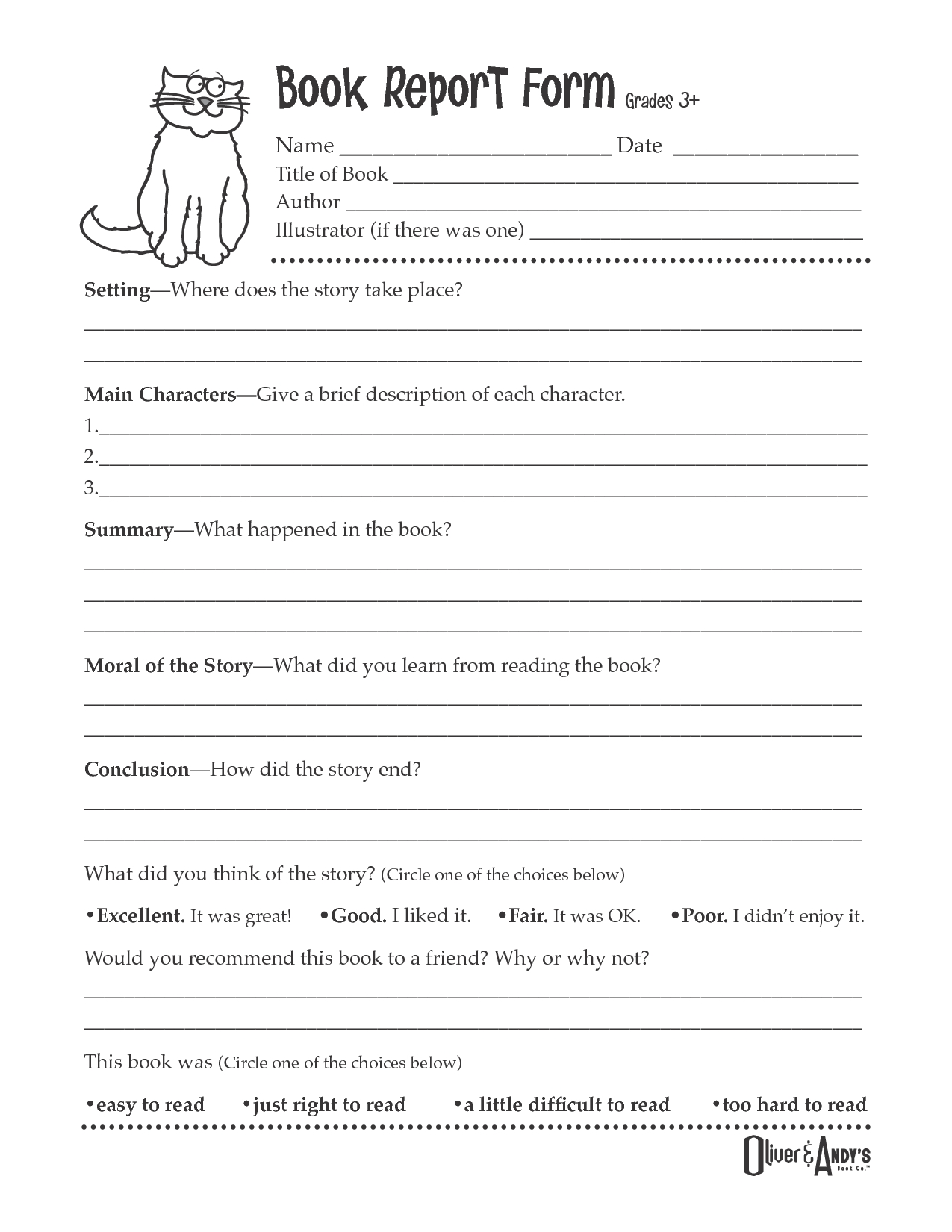 Second Grade Book Report Template Book Report Form Grades 3 