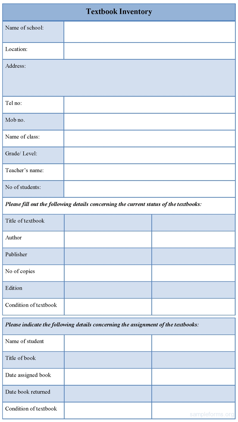 Textbook Inventory Form Sample Forms 