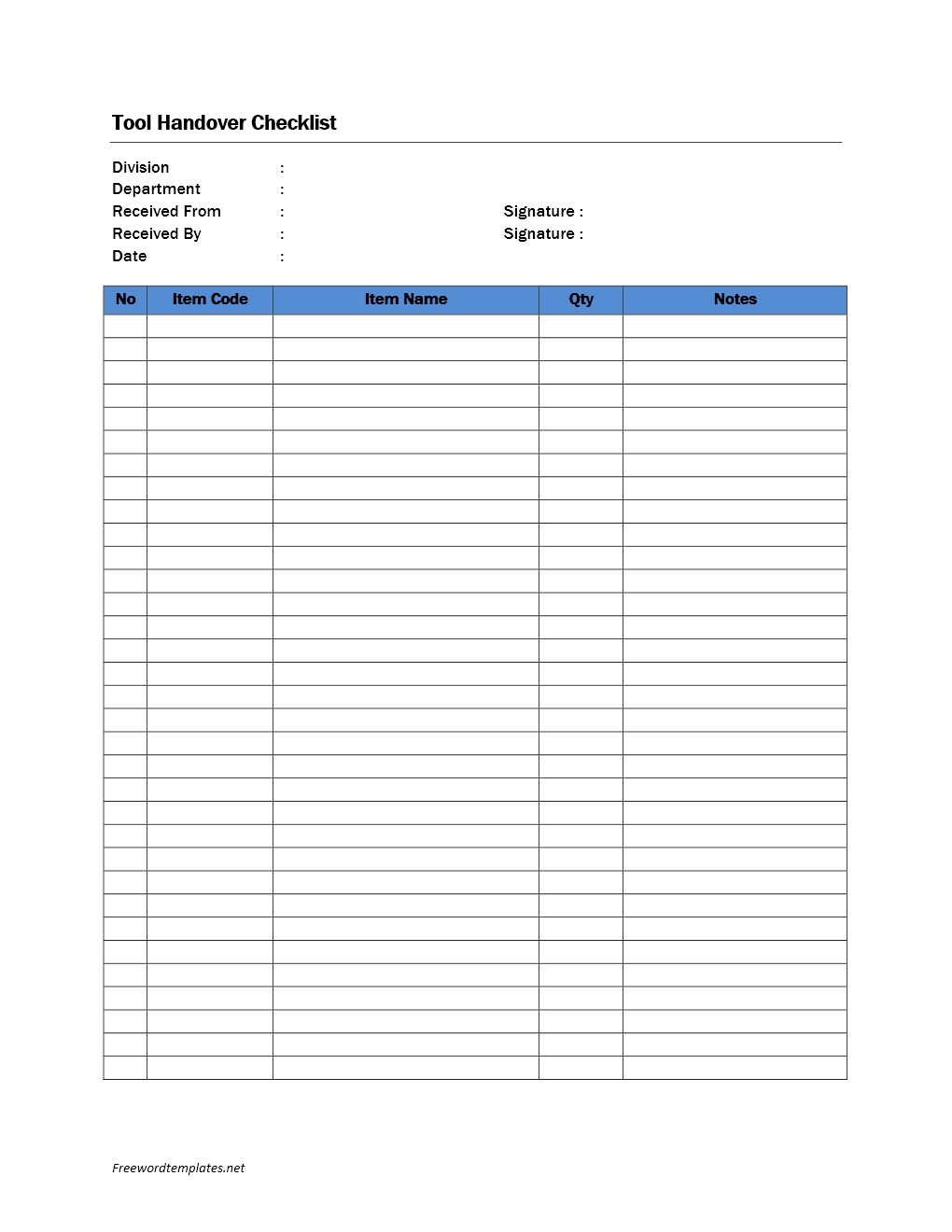 Tool Handover Checklist