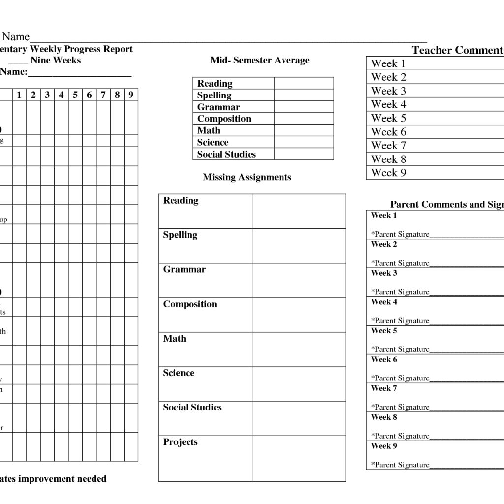 Weekly Progress Report Elementary Index Of Progress Reports