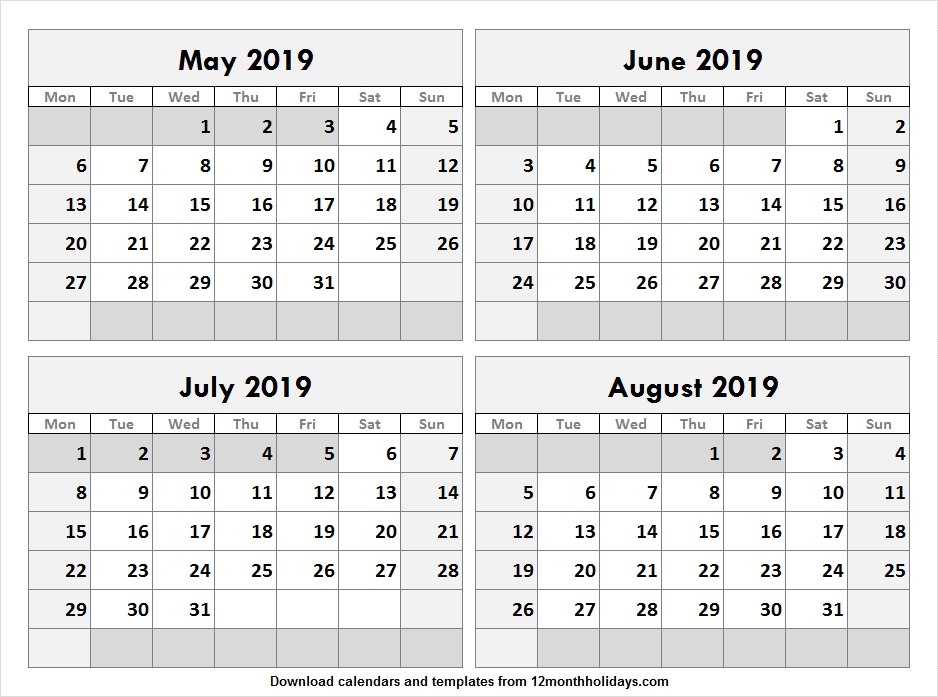 4 Month Calendar May August 2019 12 Month Calendar Printable