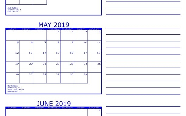 April May June 2019 Calendar Printable Template Pdf Word Excel