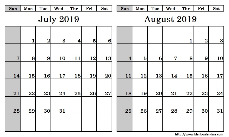 Blank Two Month July August 2019 Calendar Printable Template