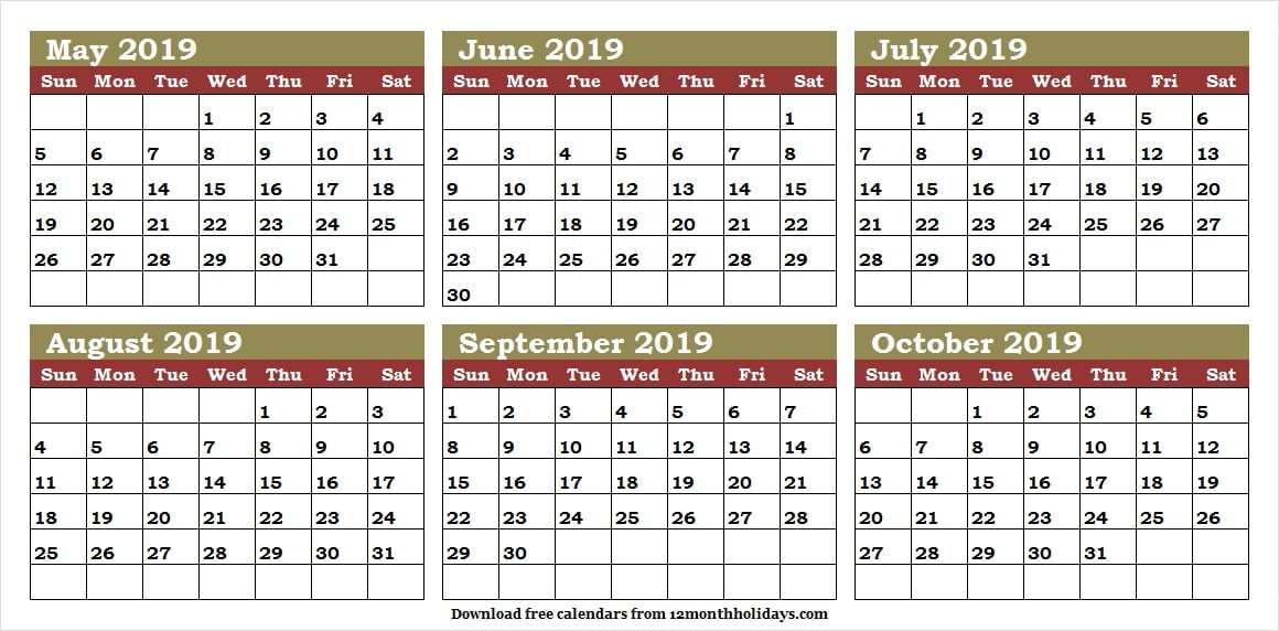 Download May October 2019 Half Year Calendar With Holidays