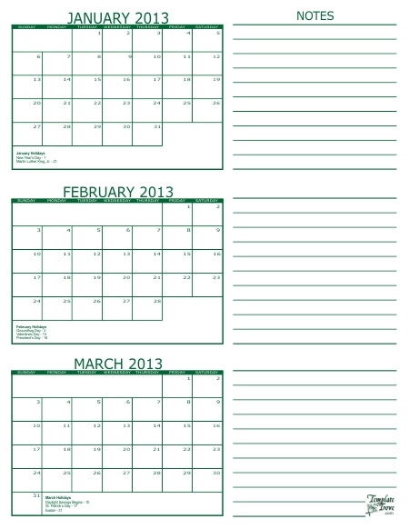 Free Printable 3 Month Calendar In Pdf Format Five Colors To Choose