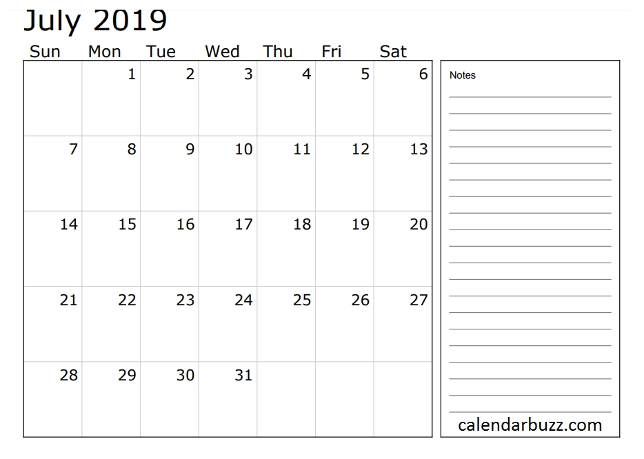 July 2019 Calendar With Notes 2019 Calendars 2019 Calendar